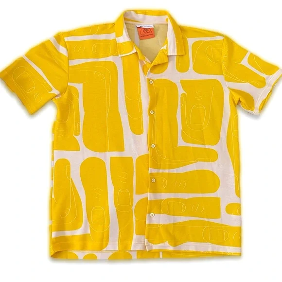 Zara Limited Run Sebastian Curi Yellow Graphic Button Down Casual Polo Shirt M - Picture 1 of 5